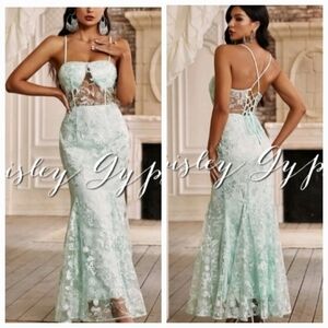 Elegant Corset Mesh Contrast Lace MInt Green Formal Dress